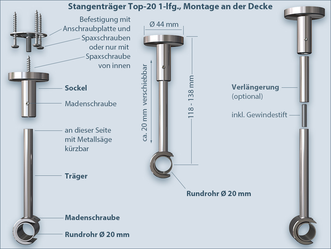Fastening system for curtain rods mounting on the ceiling top 20 single-track