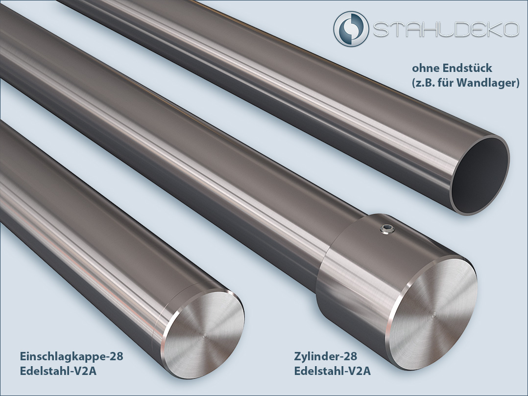 End pieces made of stainless steel for curtain rods, railing rods and handrail rods with 28mm tubes
