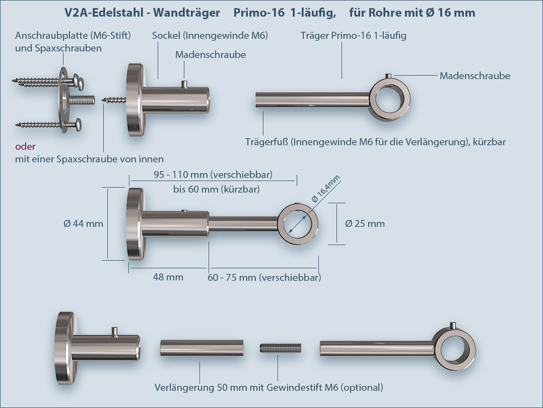 Curtain rod holder and bracket Primo-16mm for round tubes Installation instructions