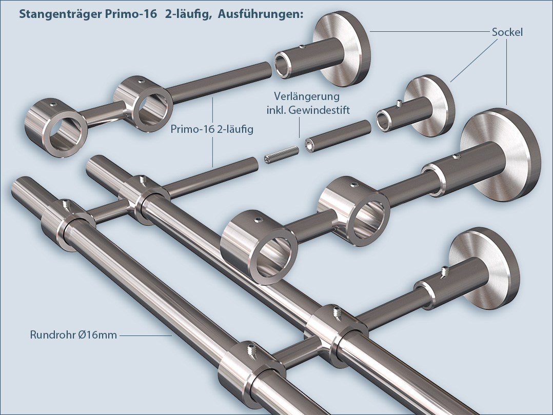 Two-track holder for curtain rods with 16mm diameter tubes: fastening system for wall mounting