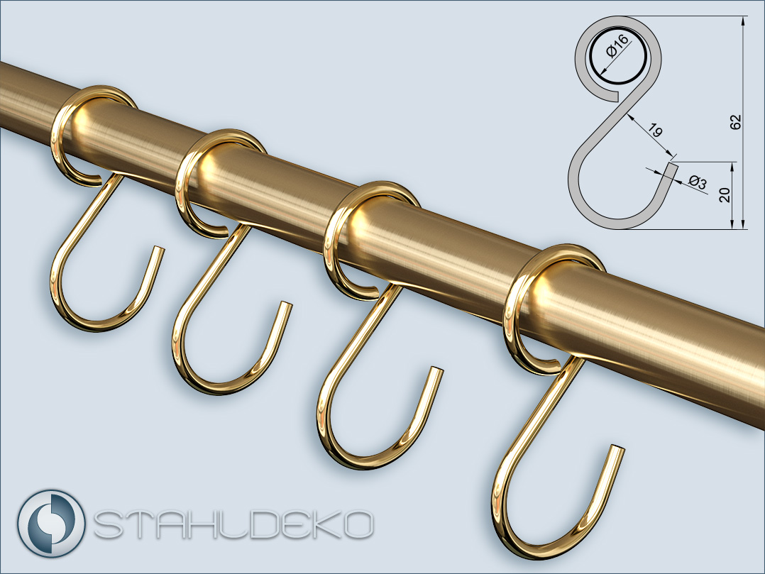 Brass-colored ring hooks on a 16mm brass rod, with a technical drawing including dimensions