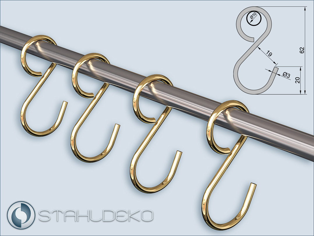 Precise dimensional drawing for brass-plated ring hooks on 10mm stainless steel poles