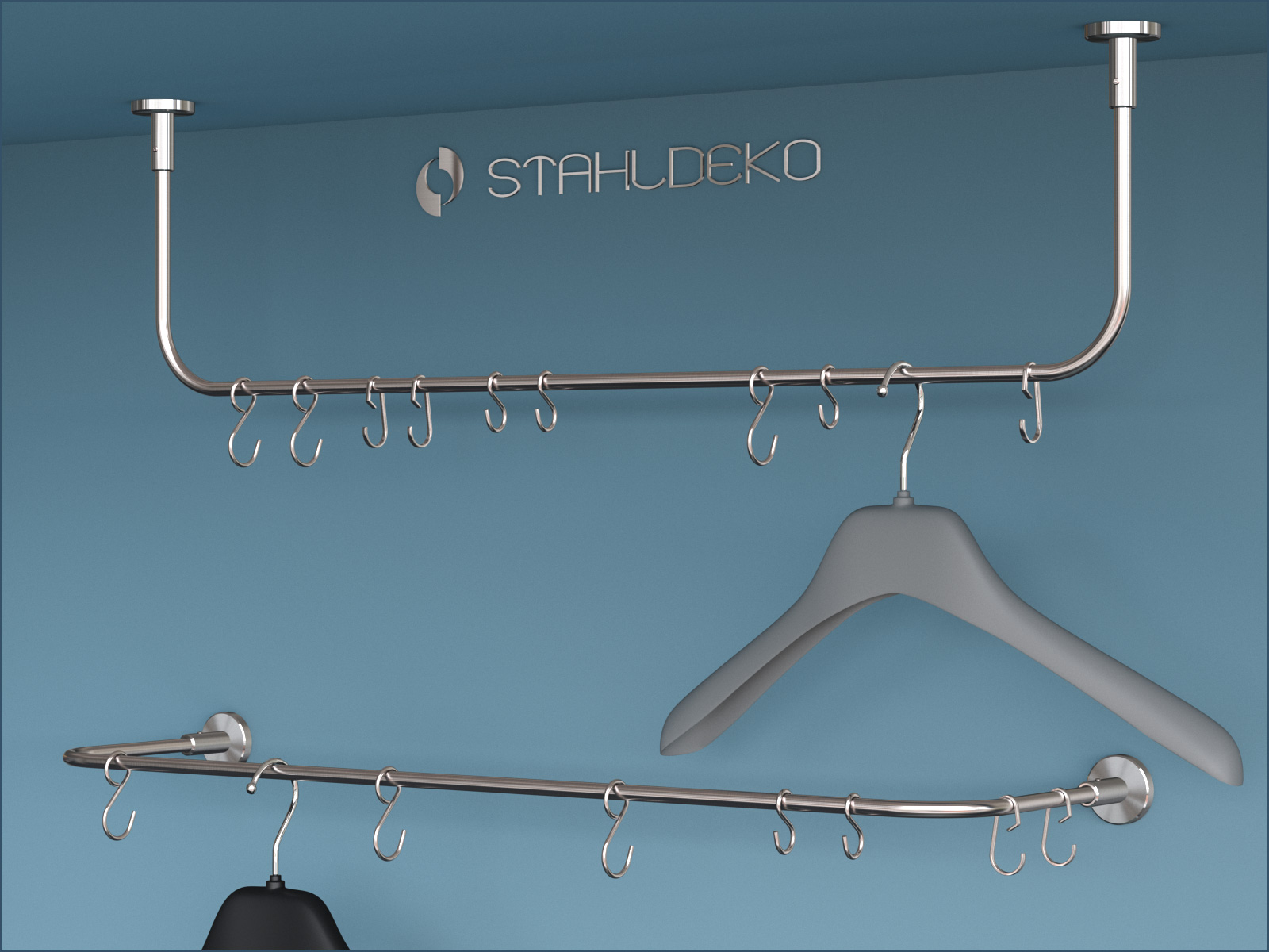 Elegant stainless steel wall and ceiling coat rack Base-10 in U-shape, ideal for entryways and hallways.