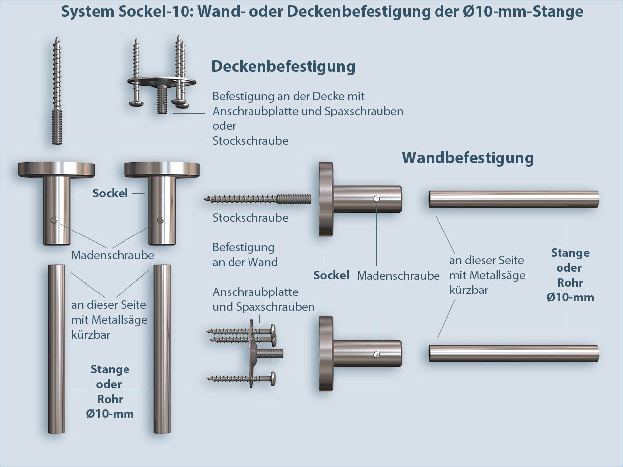 Mounting and installation of the Base-10 wall or ceiling coat rack in stainless steel, Ø10 mm rod